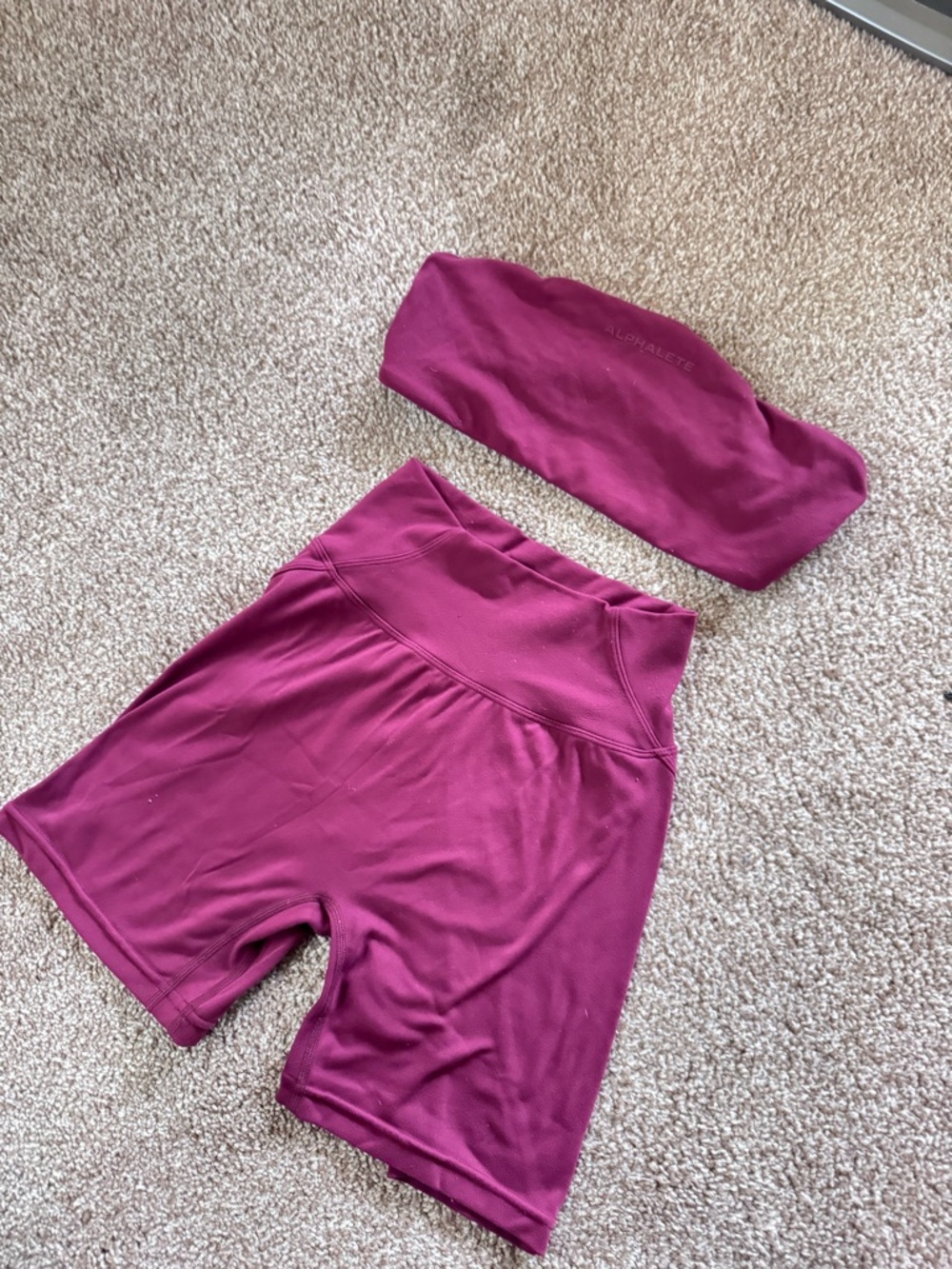 Alphalete Burgundy Bandeau and High-Waist Shorts Set